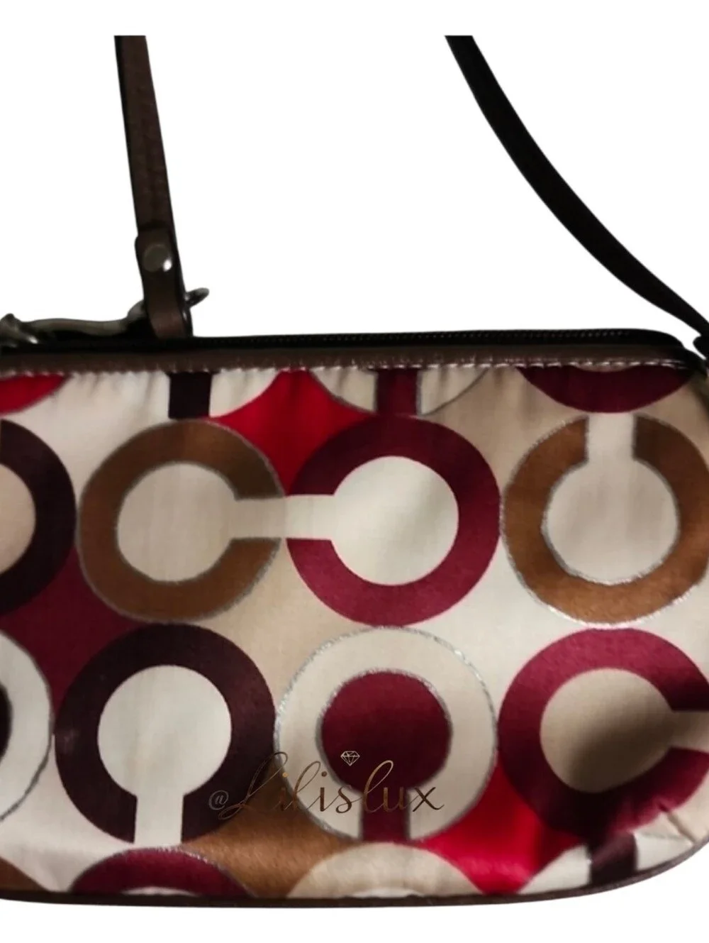 Coach Brown and Red OP Art Signature Satin And Leather Wristlet Vintage Y2K